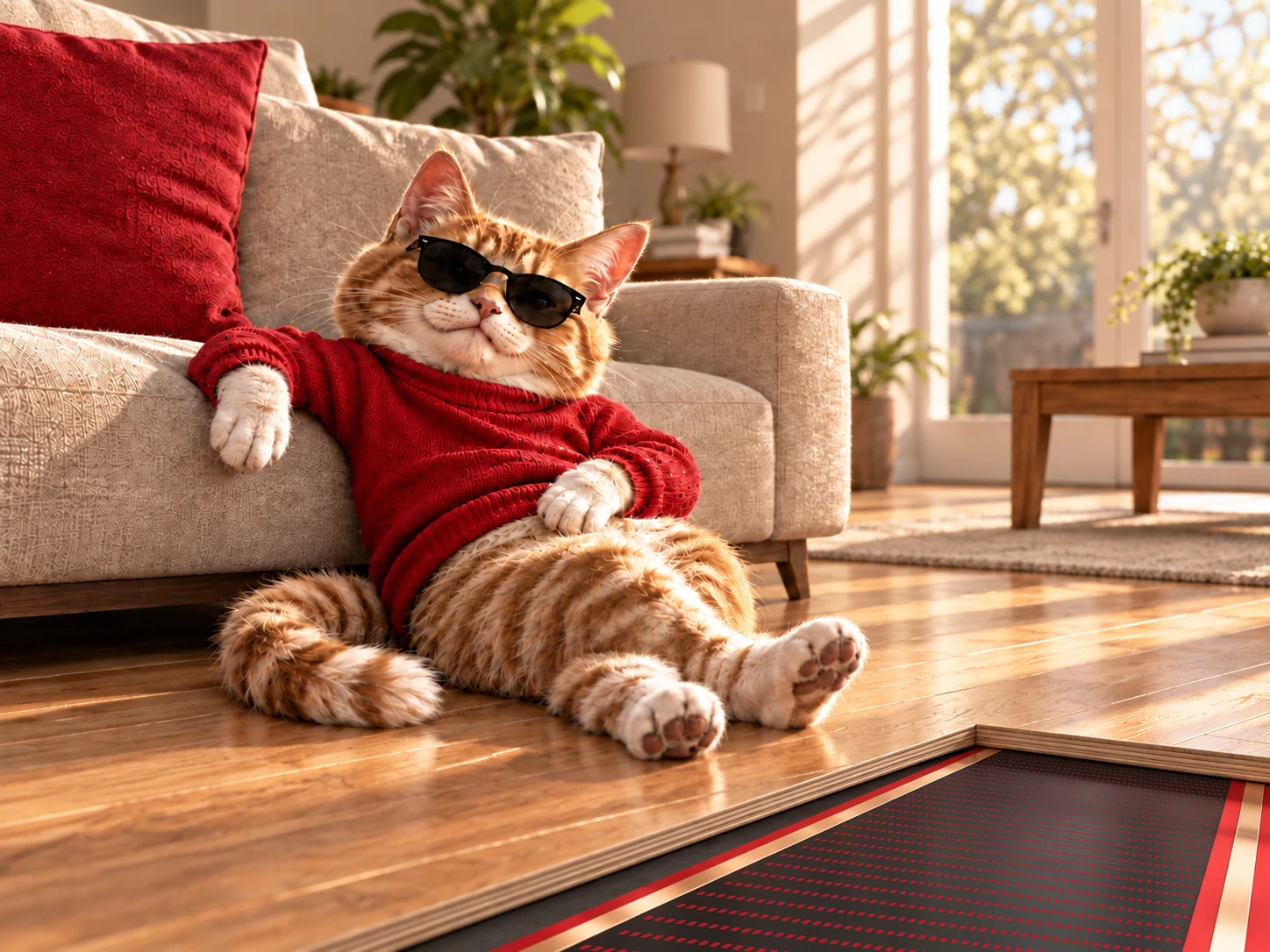 Un corte del piso deja ver la película calefactora roja UnderHeat debajo de la madera, donde descansa el gato